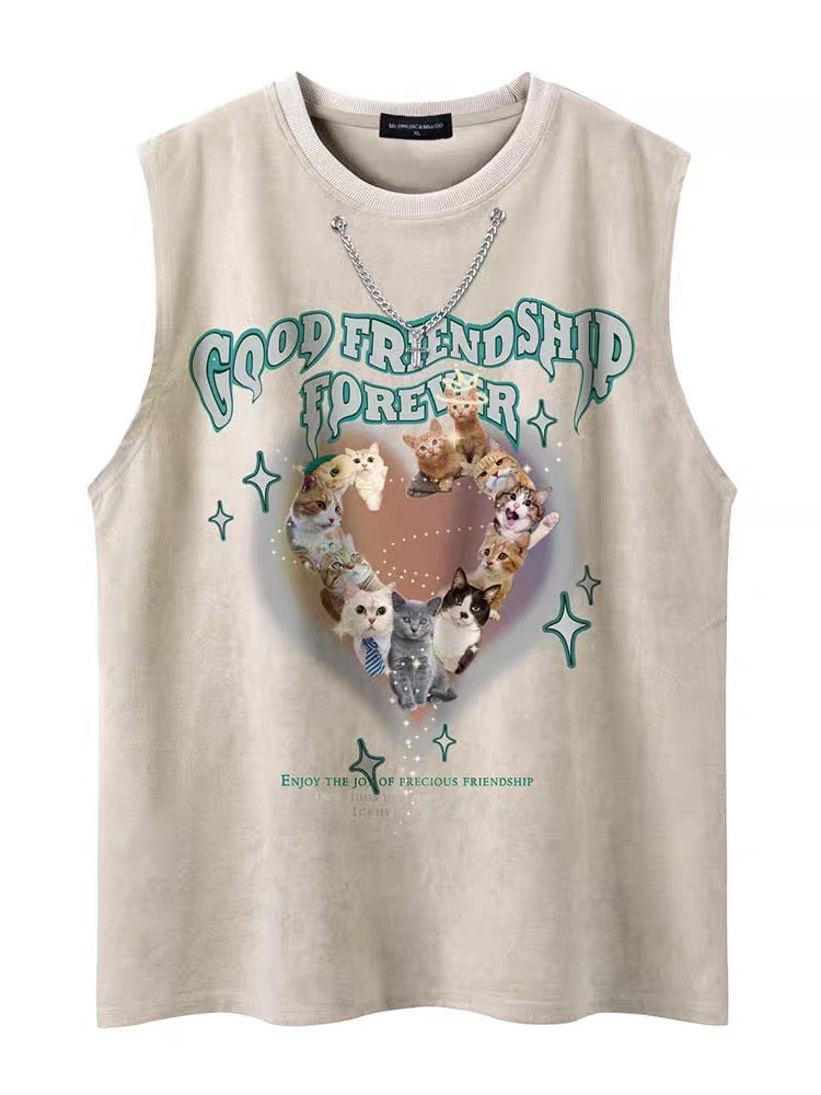 アメリカ式ハート猫プリントタンクトップ男女ゆったりカップル袖なしTシャツ番号ZT288