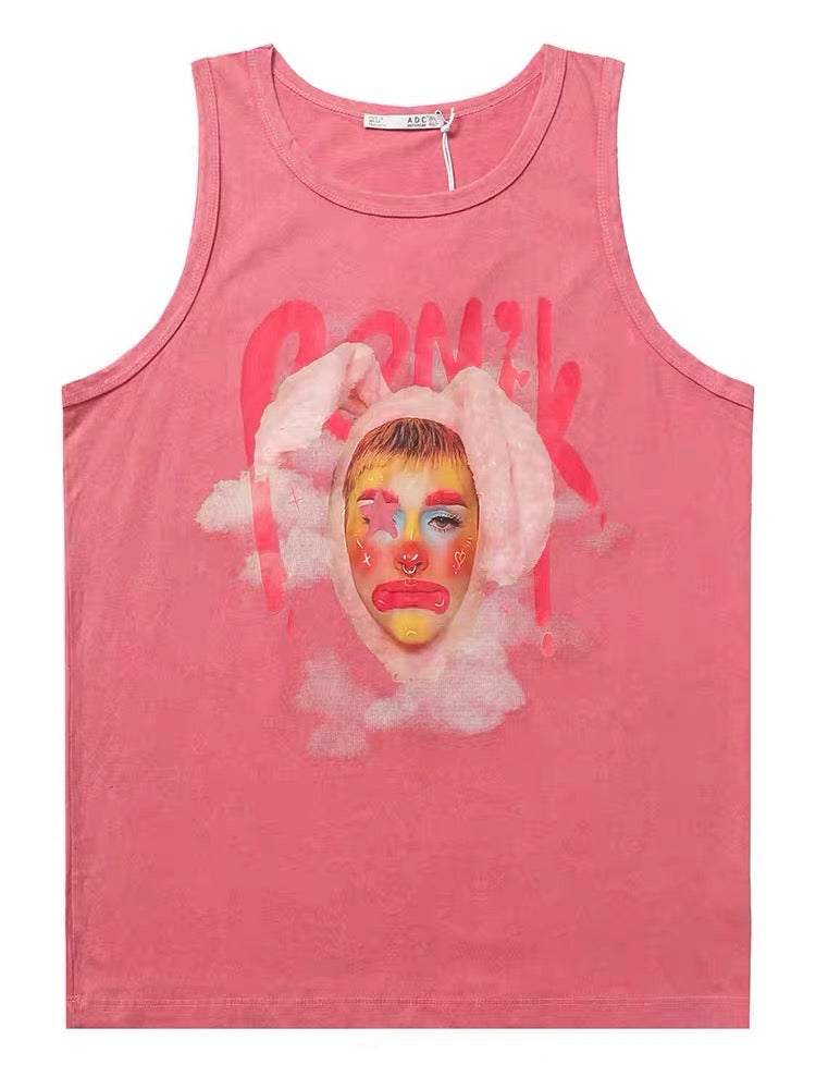 アメリカ式ヒップホップウォッシュプリント袖なしTシャツ男女ゆったりスポーツタンクトップ 夏ピンクジーンズ半身スカート女性2023夏新作ハイウエストa字プリーツスカート番号ZT289