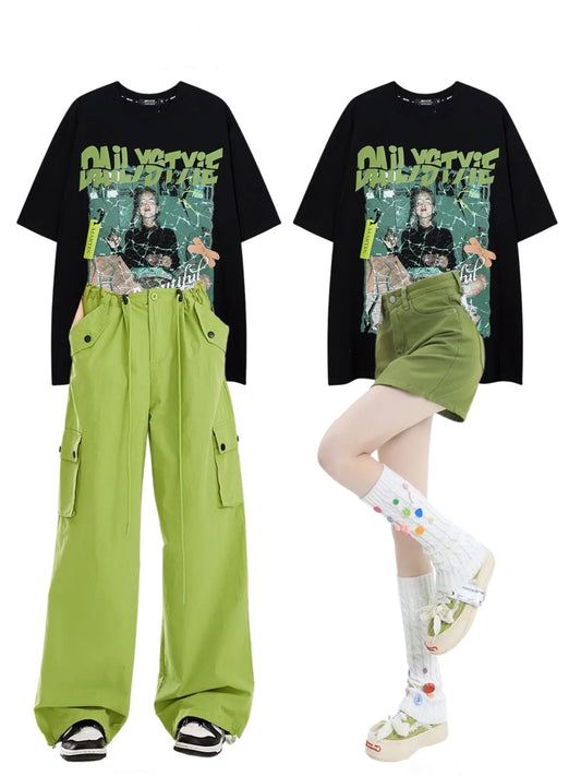 アメリカンハイストリートアビスタイルトレンド5分袖Tシャツvintageビンテージ風半袖Tシャツ 夏薄タイプハイウエストワイドレッグストレートカジュアル速乾アメリカンヴィンテージスウェットパンツ番号ZT295