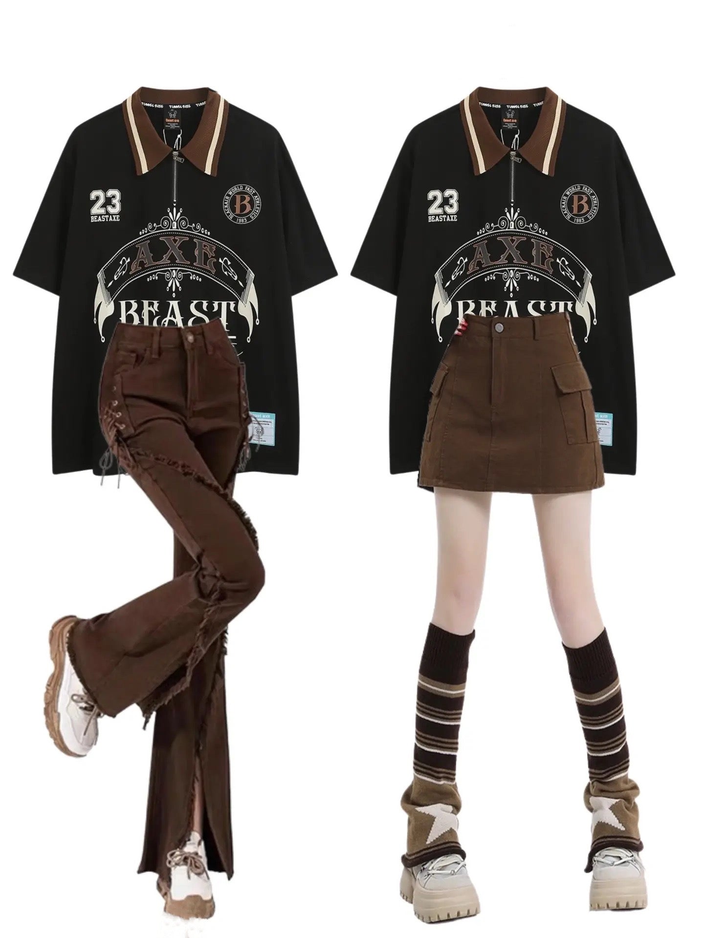 ペアルックTシャツPOLO襟2023新作アメリカ風復古ストリート半袖上着 ブラウンスリット小さなフレアパンツレディースセレブギャルスリム着痩せフレアパンツ夏番号ZT294