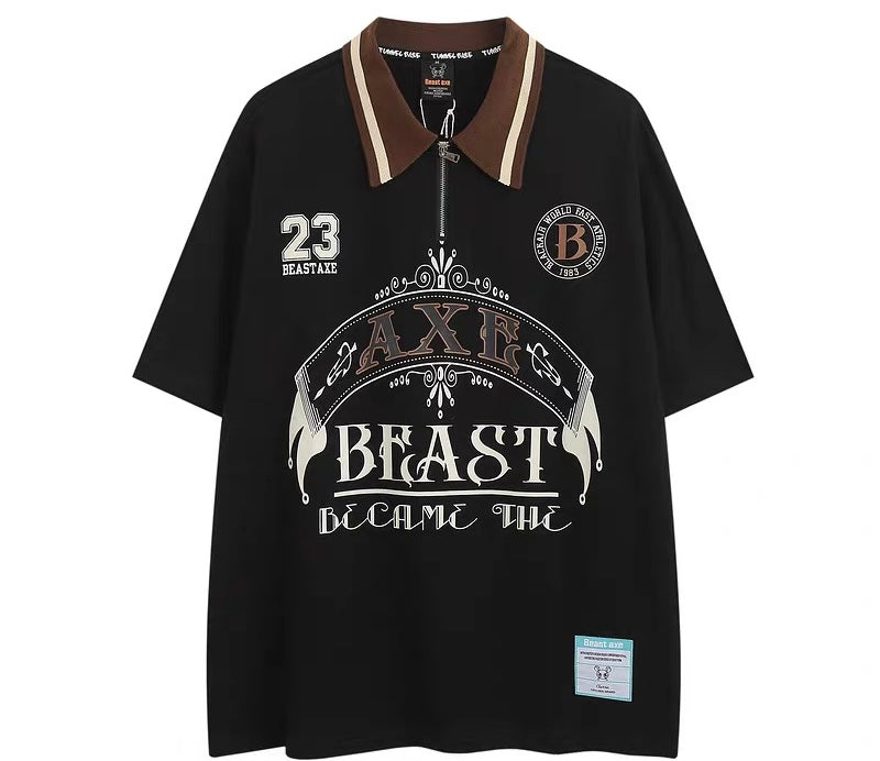 ペアルックTシャツPOLO襟2023新作アメリカ風復古ストリート半袖上着 ブラウンスリット小さなフレアパンツレディースセレブギャルスリム着痩せフレアパンツ夏番号ZT294