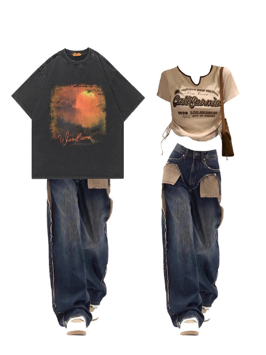 アメリカンハイストリートヴィンテージサンセットプリント中古半袖Tシャツ厚手ウォッシュ加工ゆったりカジュアル半袖番号ZT304
