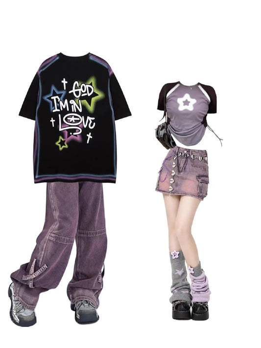 個性的な星半袖Tシャツ男女ストリートhiphopゆったりカップルTシャツ ブルーハイウエストストレートルーズジーンズ女夏薄タイプ2023新作ワイドパンツ番号ZT306