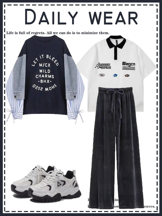 プリントセーター女性ニットデニム切替トップス POLOシャツホワイト半袖Tシャツ夏の少年用ゆったり上着 2023春秋新作ハイウエストストレートパンツ番号ZT61