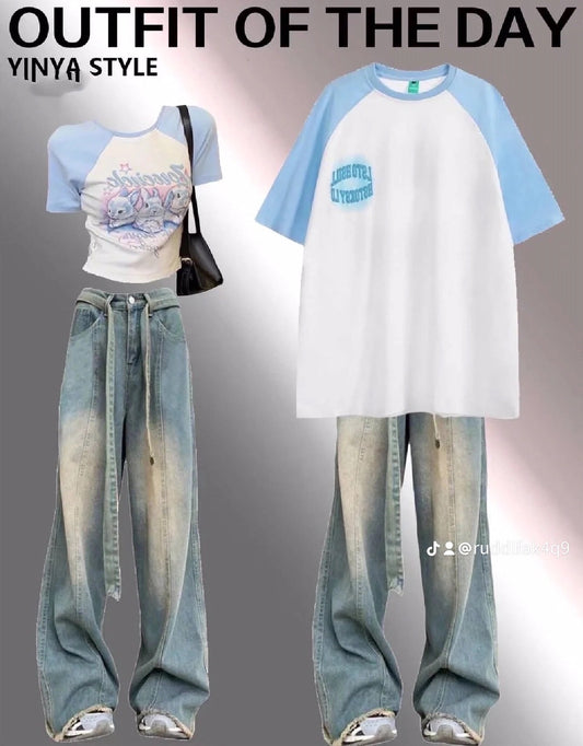 漫画プリント半袖Tシャツ女性夏2023新作甘辛スリム上着 夏新作insアメリカンヴィンテージ切り替えゆったりラウンドネック純綿Tシャツ半袖 ビンテージウォッシュ加工ジーンズデザイン感夏ゆったり着痩せストレートパンツ番号ZT64