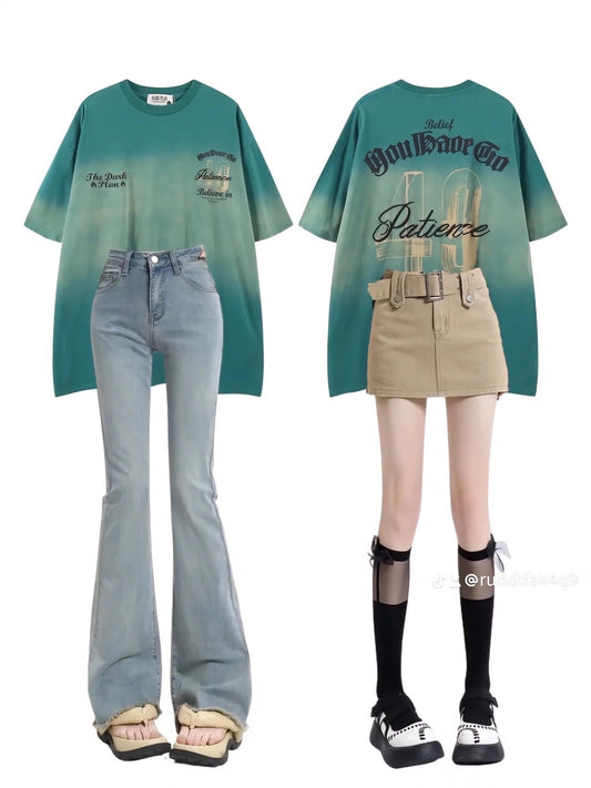 ヴィンテージ数字のグラデーションで作った古い半袖アメリカンストリートニュートラルカップルteeシャツ夏のゆったりとしたヒップホップTシャツ番号ZT317