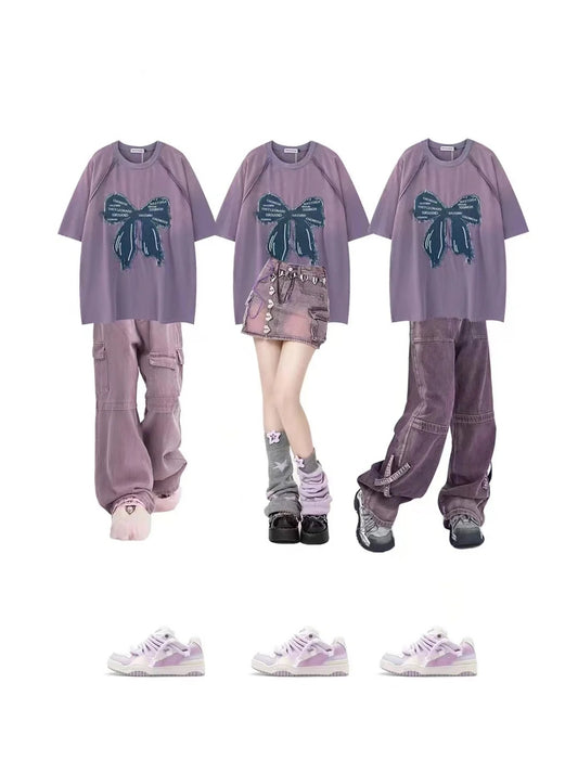 アメリカンビンテージの蝶パッチ半袖Tシャツ女性夏トレンドブランドストリートゆったりカジュアルカップル半袖Tシャツ番号ZT335