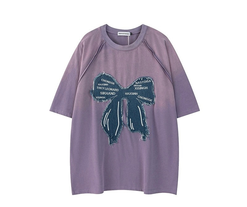 アメリカンビンテージの蝶パッチ半袖Tシャツ女性夏トレンドブランドストリートゆったりカジュアルカップル半袖Tシャツ番号ZT335