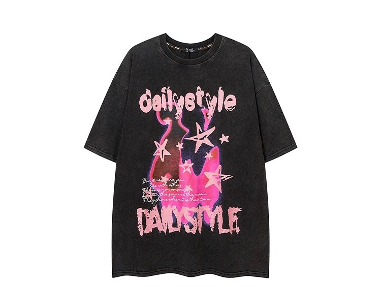 アメリカ風プリント半袖Tシャツメンズoversizeクラッシュ色復古カップル上着番号ZT336