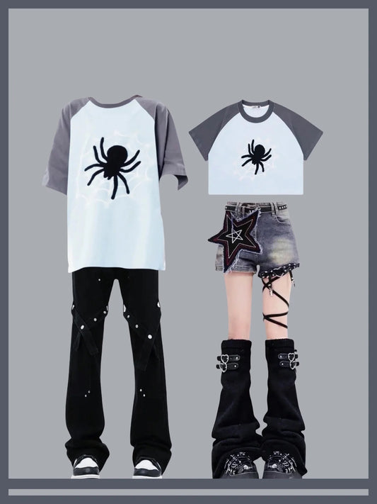 アメリカ風復古ストリートクモ刺繍プリントTシャツ男女ゆったりカップルカジュアル半袖上着夏 y2kタイプ星付きデニムショートパンツレディースハイウエスト着痩せホットパンツ番号ZT363