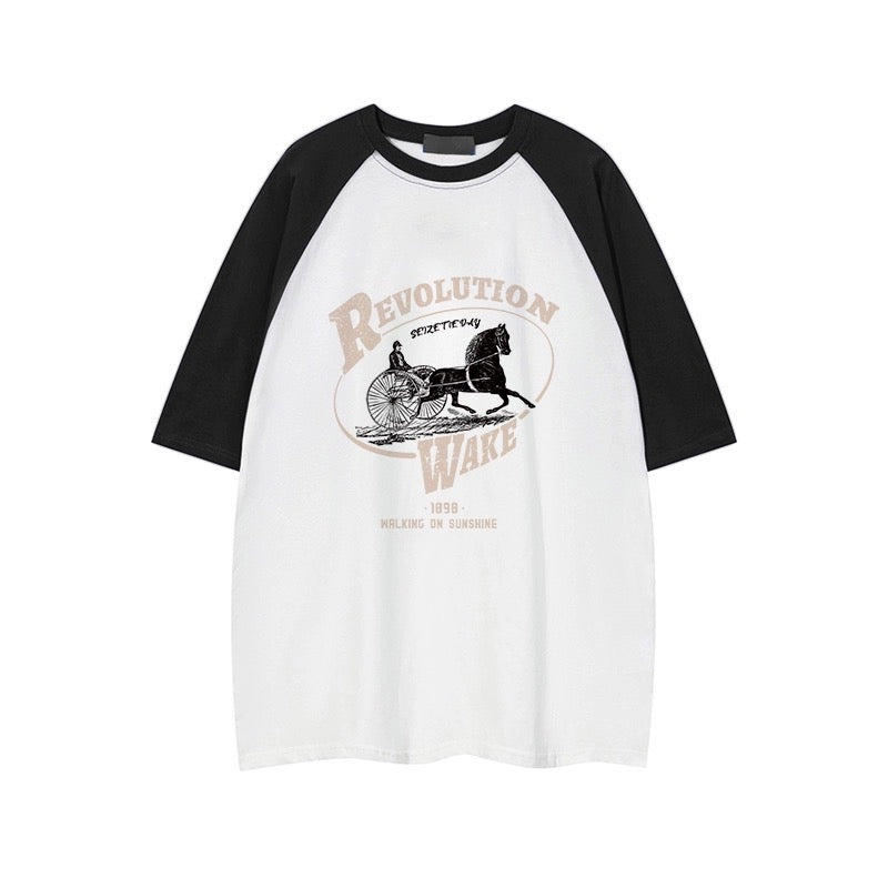 アメリカ風復古半袖Tシャツ夏純綿ゆったりラグラン袖大サイズ着痩せ上着 アメリカンクラシックな正肩半袖Tシャツ女性夏色の切り替え紐ショート丈上着 ブラックグレー穴あきデニムショートパンツ女性夏2023新作ハイウエストゆったりボーダーa字痩せギャルホットパンツ番号ZT361