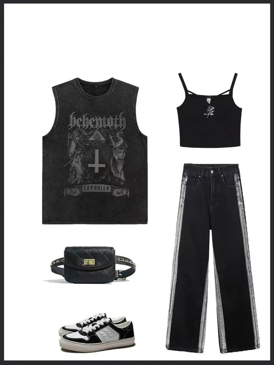 欧米ハイストリートhiphopウォッシュ加工古いノースリーブTシャツメンズファッションブランドヒップホップ着用insトレンドゆったりスポーツベスト番号ZT364