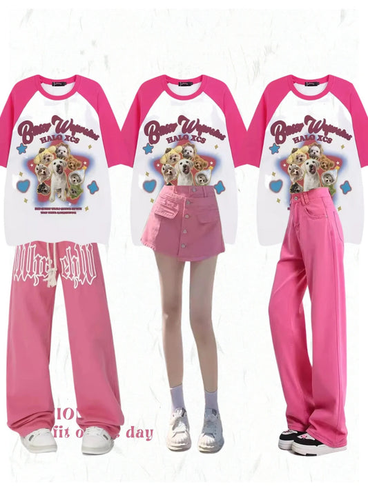 オリジナル星子犬プリントラグラン半袖Tシャツ男女ゆったりコーディネート自在ペア半袖 アメリカビンテージvibeパンツinsハイストリートジーンズ欧米hiphopワイドパンツ番号ZT369