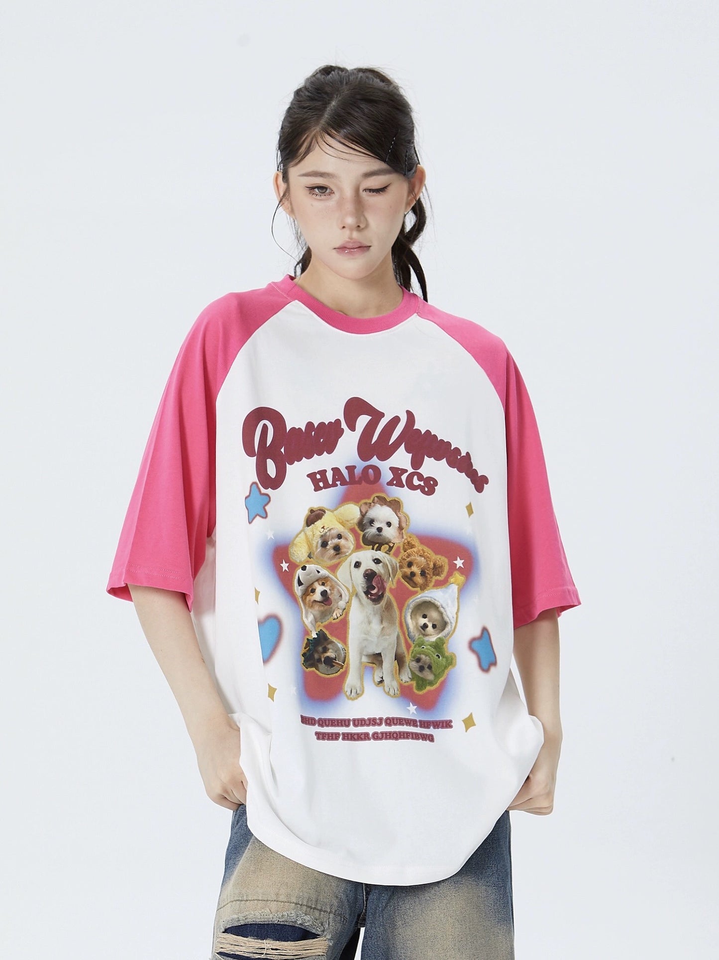 オリジナル星子犬プリントラグラン半袖Tシャツ男女ゆったりコーディネート自在ペア半袖 アメリカビンテージvibeパンツinsハイストリートジーンズ欧米hiphopワイドパンツ番号ZT369