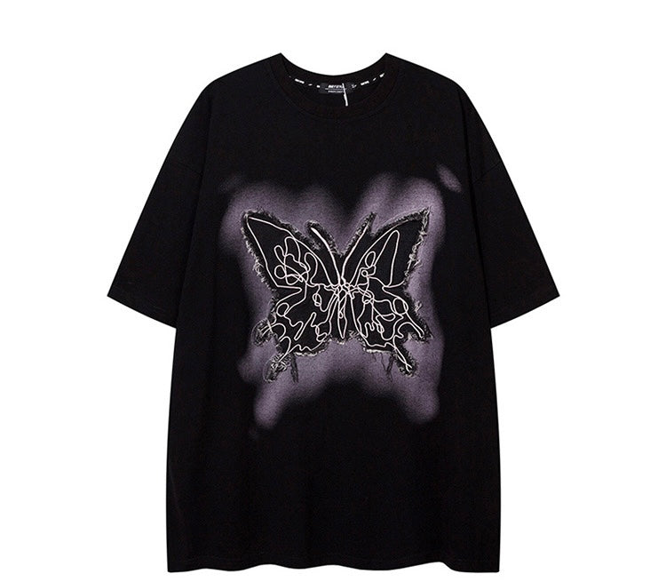 アメリカンバタフライ刺しゅうダダ風半袖Tシャツoversizeペアトップス 蝶刺しゅうプリントY2Kスウィートスパイシーショートトップス番号ZT370