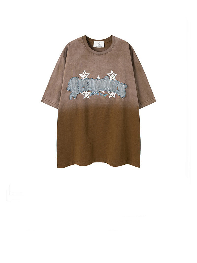 半身絞り染めアルファベット貼りジーンズ刺繍純綿半袖Tシャツ 純綿カーゴパンツ夏新作ゆったりワイドパンツ番号ZT79
