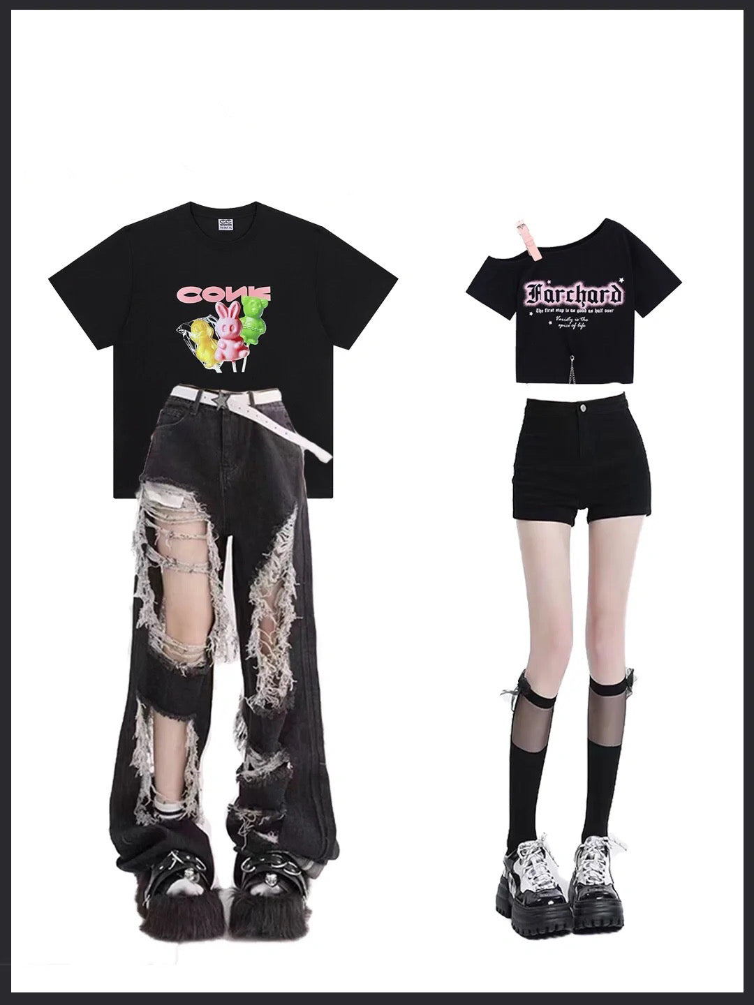 可愛い小兎ロリポップ半袖ゆったりカジュアルカップルTシャツ純綿上着 アメリカ式ハイストリートパンチジーンズ夏ハイウエストストレートルーズスリムワイドパンツ番号ZT98
