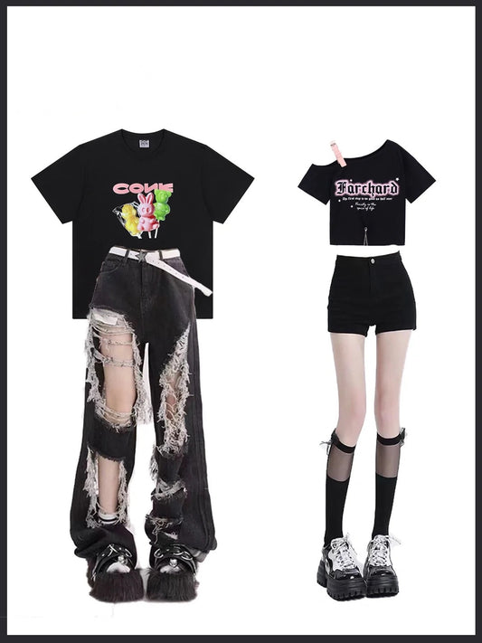 可愛い小兎ロリポップ半袖ゆったりカジュアルカップルTシャツ純綿上着 アメリカ式ハイストリートパンチジーンズ夏ハイウエストストレートルーズスリムワイドパンツ番号ZT98