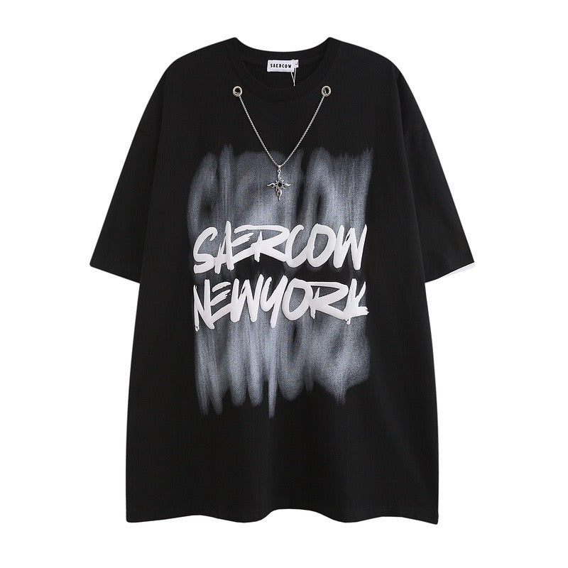 アメリカ式ハイストリートヒップホップhiphopネックレス付きカップルTシャツ 梨型ボディグラデーションテンセルストレートジーンズ番号ZT94