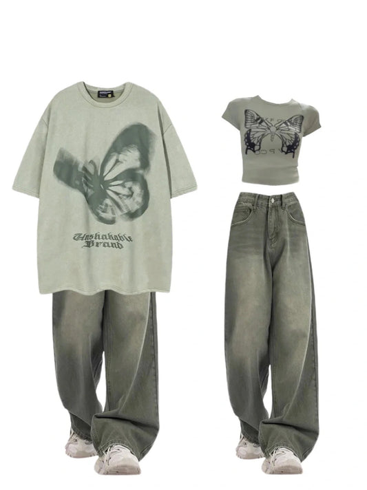レトロ夢幻蝶スエード半袖Tシャツゆったりカップルコーディネート自在半袖 夏アメリカンヴィンテージバタフライプリントスリム半袖Tシャツへそ出しウエスト番号ZT417