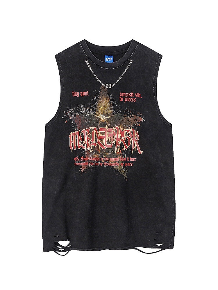 ヒップホッププリントスポーツゆったりカジュアル袖なしTシャツ アメリカ復古魚骨キャミソール超ショートウエストギャル上着番号ZT100