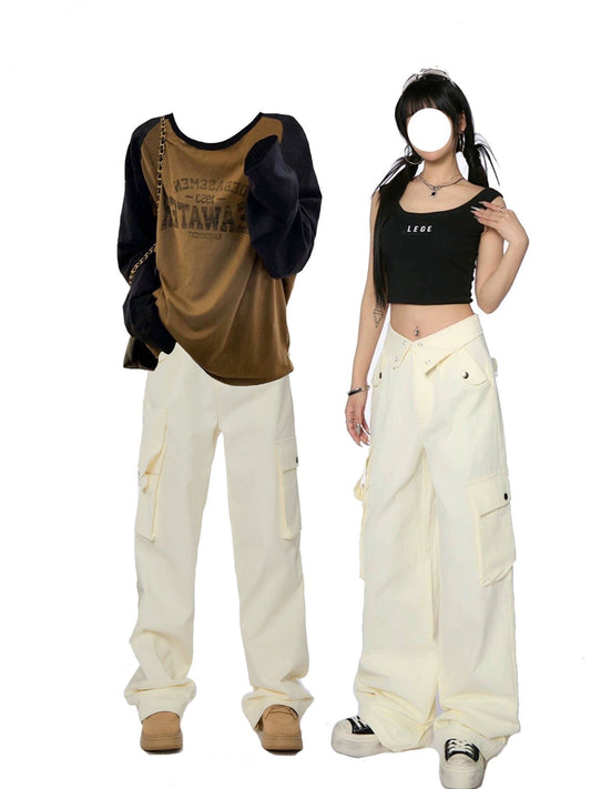 ビッグサイズ太った妹アメリカ式アルファベットプリント切り替えコントラストカラーのラグランTシャツ女秋ゆったりとしていて気だるい着痩せ上着 ハイウエスト着痩せストレートカーゴパンツ女性ゆったりカジュアルパンツ番号 ZT474