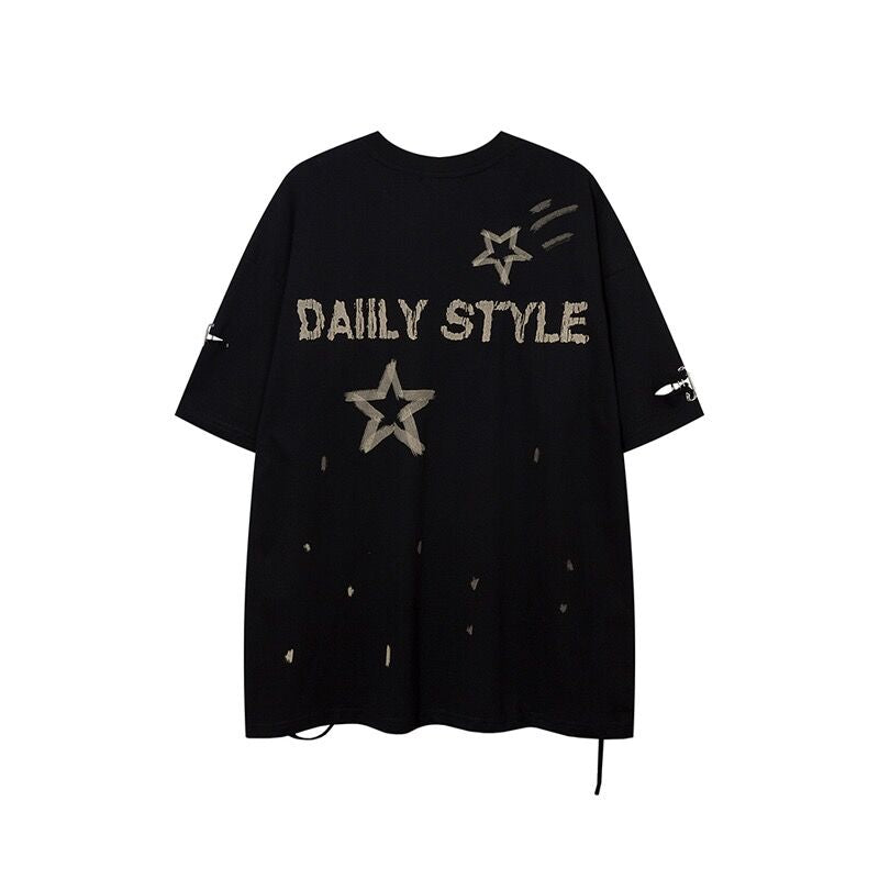 夏の星柄ゆる半袖Tシャツ/アメリカンヴィンテージマルチポケットゆったりカーゴパンツ番号ZT96