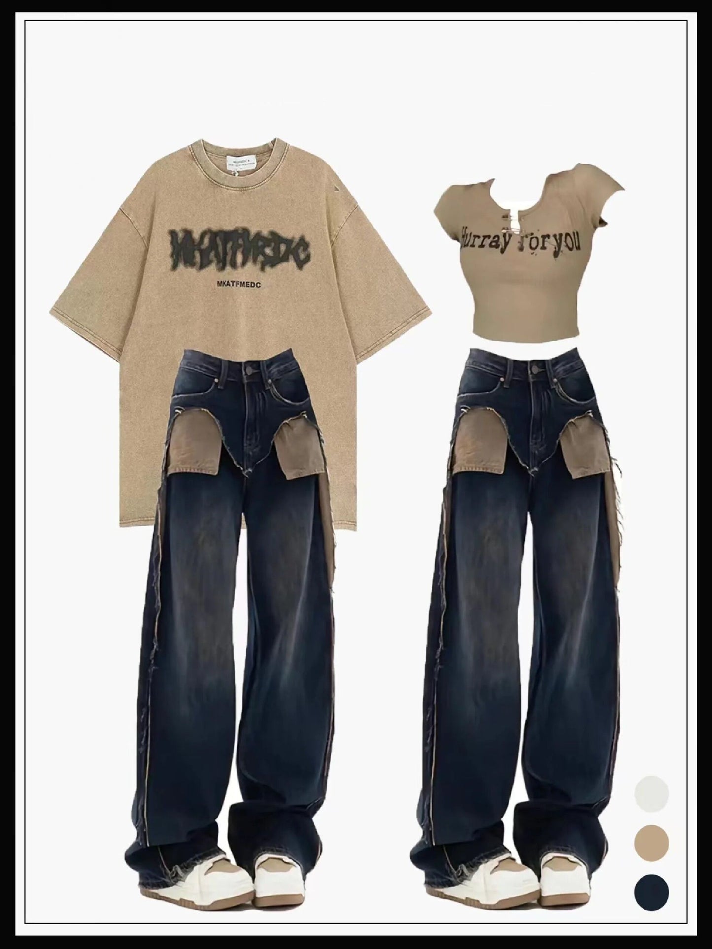 夏ハイストリートグラフィティプリントゆったりペア半袖Tシャツ/アメリカ風ギャルデザイン感覚ボタン針ショートタイプ上着スリムハイストリート/ビンテージウォッシュ加工ダークブルージーンズ女夏サイズスリッパワイドパンツ番号ZT273