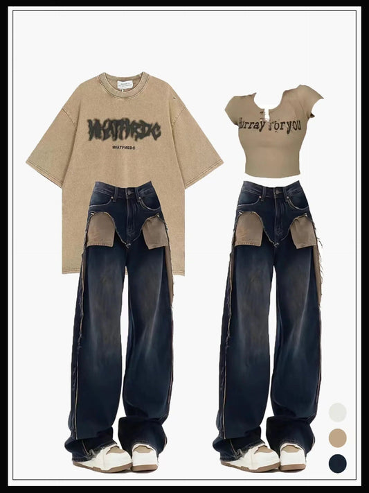 夏ハイストリートグラフィティプリントゆったりペア半袖Tシャツ/アメリカ風ギャルデザイン感覚ボタン針ショートタイプ上着スリムハイストリート/ビンテージウォッシュ加工ダークブルージーンズ女夏サイズスリッパワイドパンツ番号ZT273