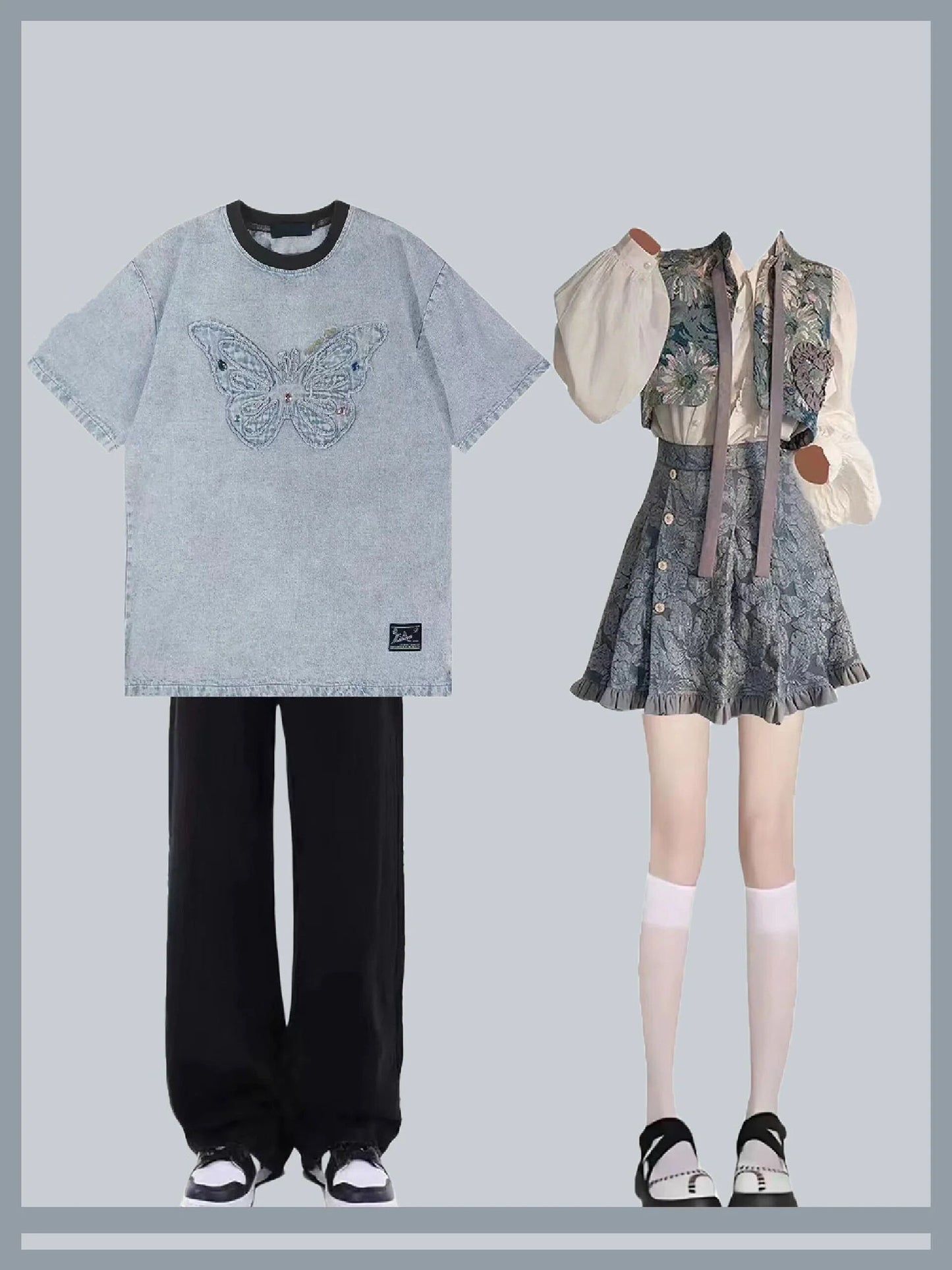香港風復古刺繍蝶oversizeゆったり半袖Tシャツ/フランス復古国風ジャカードデザイン感覚花柄ベスト長袖シャツスカートセットスカート2023新作番号ZT299