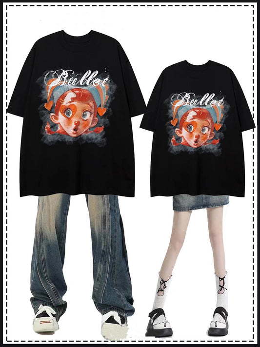 アメリカンヒップホップ趣味人物グラフィティ半袖Tシャツメンズファッションブランドゆったりカップルカジュアルコーディネート自在tee/アメリカンヴィンテージ切替ジーンズ男女ゆったりハイストリートワイドストレートパンツ番号ZT346