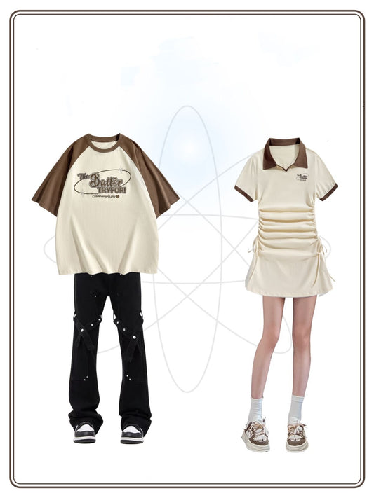 アメリカ式の切り替えカラー半袖Tシャツカップル夏ラグラン袖純綿半袖ゆったりサイズ学生用上着/2023夏カレッジ風ワンピース番号ZT366