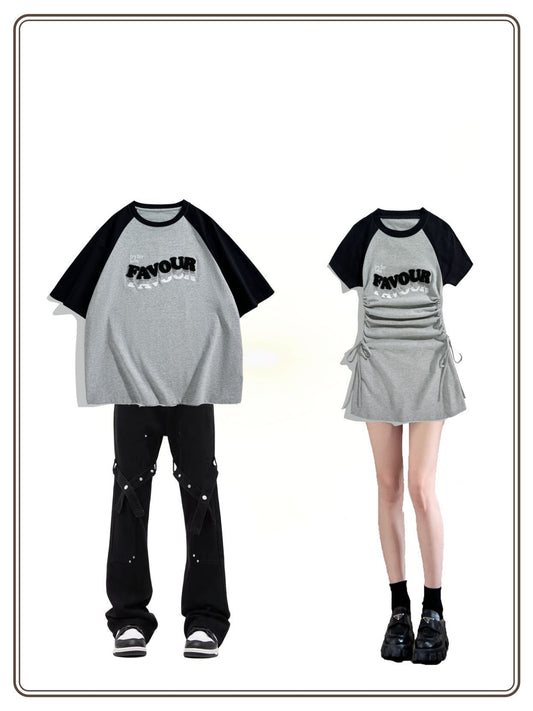2023夏アメリカンヴィンテージカレッジ風カップルTシャツ/2023夏グレーのコントラストカラーワンピース番号ZT367