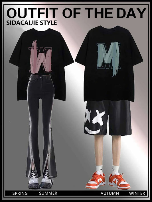 カップル服夏服シーズン2023高級半袖Tシャツ新作ins人気トレンドブランド純綿ゆったり ブラックグラデーションマイクロフレアパンツ 笑顔カジュアルパンツメンズ夏薄ゆったり5分丈パンツバスケットパンツ番号ZT44