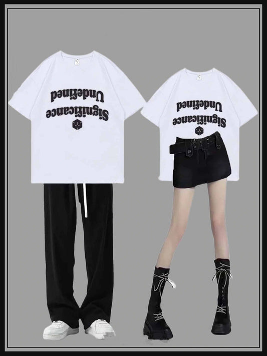 韓国風小香風純綿ゆったりカップルTシャツ夏トレンドブランドコーディネート自在カジュアル番号ZT382