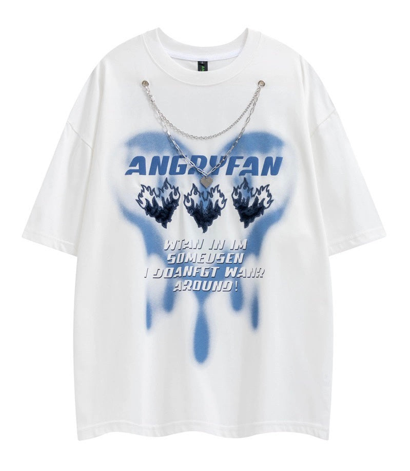 プリント半袖ネックレスアメリカンファッションoversizeカップルゆったりTシャツ純綿/夏着痩せジーンズ女性アメリカ風ビンテージ風ギャルスタープリントデザイン小粋フレアースリムパンツ番号ZT396