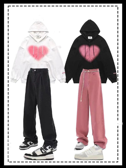 ハートグラフィティマカロン色カーディガンスウェットパーカー男女秋oversizeカップルカジュアルコート番号ZT643