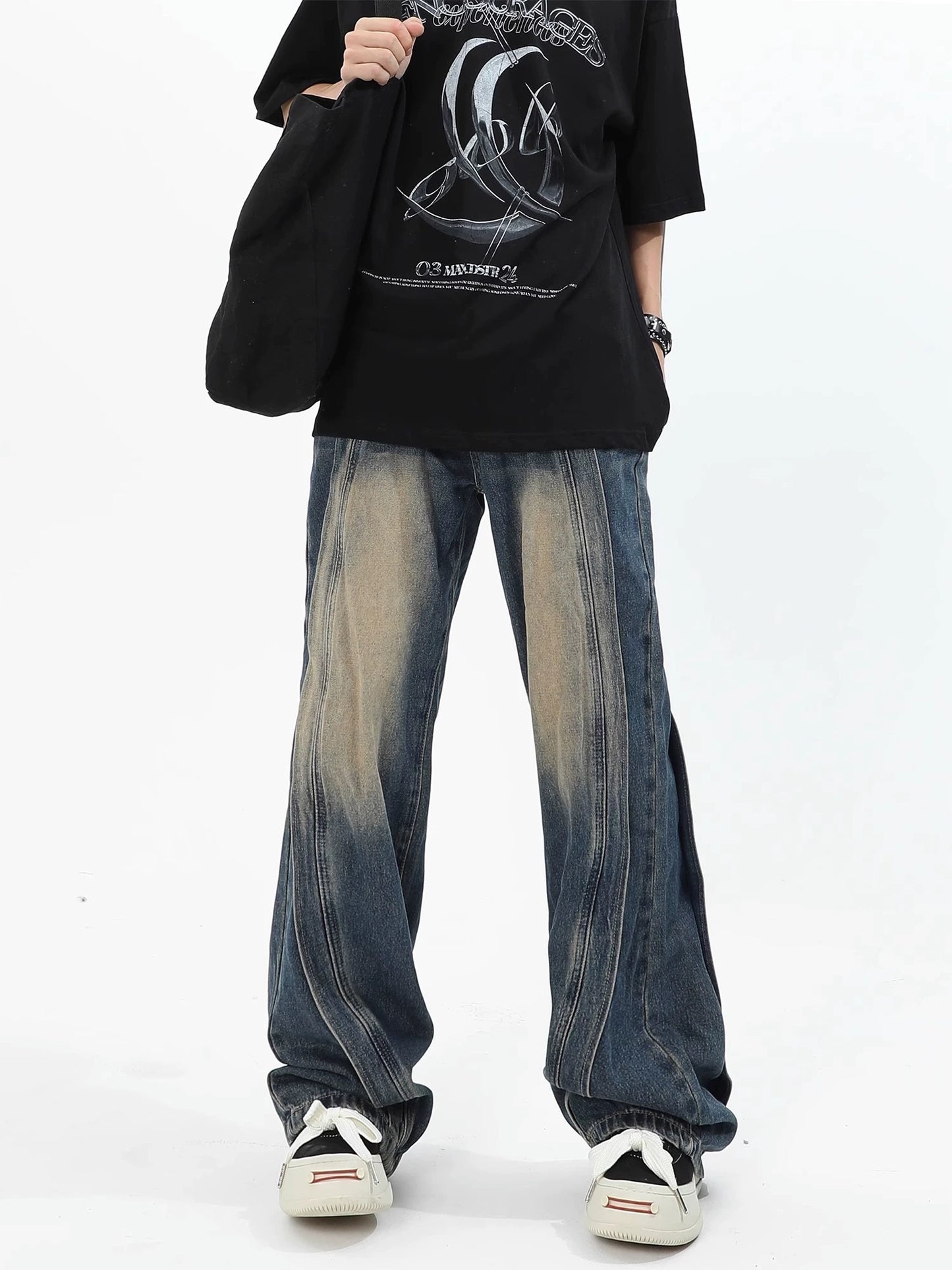 アメリカンヒップホップ趣味人物グラフィティ半袖Tシャツメンズファッションブランドゆったりカップルカジュアルコーディネート自在tee/アメリカンヴィンテージ切替ジーンズ男女ゆったりハイストリートワイドストレートパンツ番号ZT346