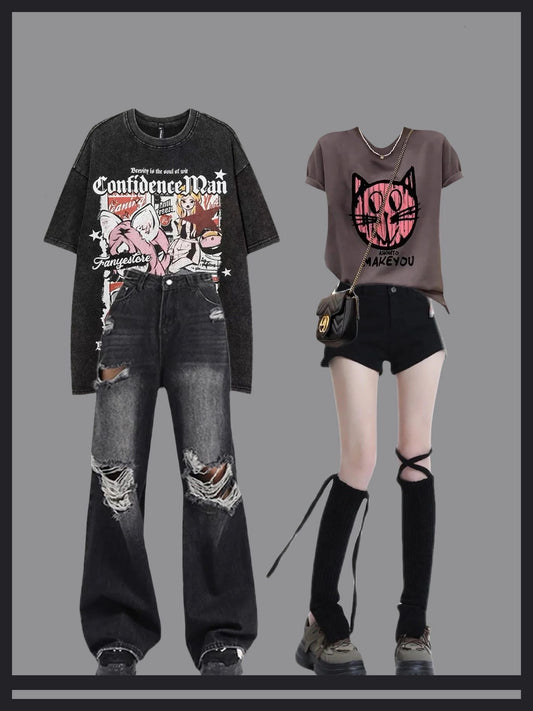 漫画アニメレトロ懐かしいウォッシュプリント半袖Tシャツカップルカジュアルゆったりins半袖シャツ/肩甲半袖Tシャツ女性夏デザイン若いオシャレ年齢を減らすギャルショートタイプ香港風上着番号ZT435