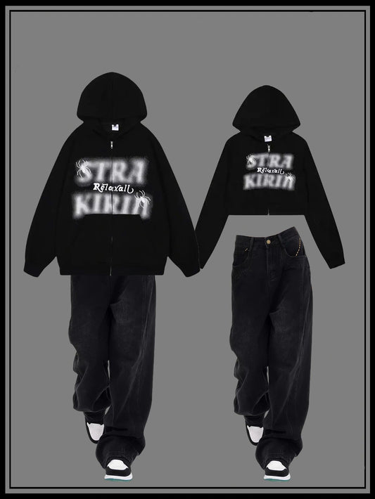 アメリカトレンド刺繍フード付きカーディガンスウェットパーカー男女ゆったりカップルコート番号ZT621