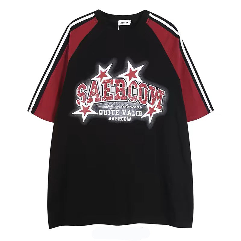 オリジナル復古スポーツ風アメリカ風トレンドブランドテープボーダー混合色星半袖Tシャツ男女半袖夏/アメリカンクラシックブラックカートゥーングラフィティジーンズレディース夏のデザイン感大衆向けハイウエストストレートワイドパンツ番号ZT659