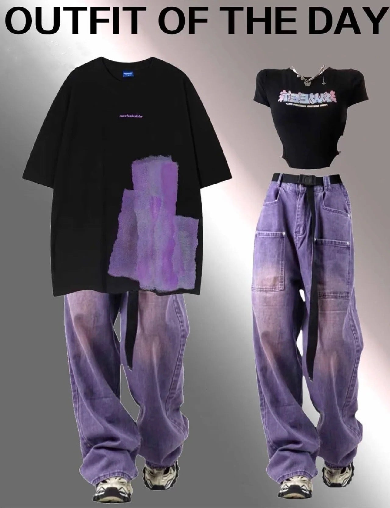 ストリートヒップホップグラフィティプリント半袖Tシャツゆったりカジュアルコーディネート自在Tシャツ アメリカンヴィンテージパープルジーンズウォッシュ加工ヴィンテージストレートパンツ 番号ZT66