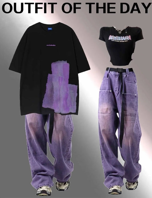 ストリートヒップホップグラフィティプリント半袖Tシャツゆったりカジュアルコーディネート自在Tシャツ アメリカンヴィンテージパープルジーンズウォッシュ加工ヴィンテージストレートパンツ 番号ZT66