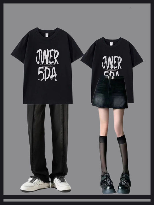 アメリカングラフィティアルファベットプリント半袖Tシャツカップル夏ストリートヒップホップゆったりカップル半袖/ハイウエストデニムミニスカート女性夏新作スリム復古ヒップアップ着痩せa字スカート透け防止キュロット番号ZT352