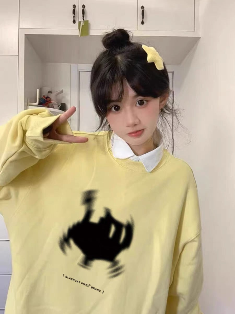 ミルクイエロー丸首パーカー女性春秋薄手トレンドちゃんゆったりおだるいoversize上着コート番号ZT638
