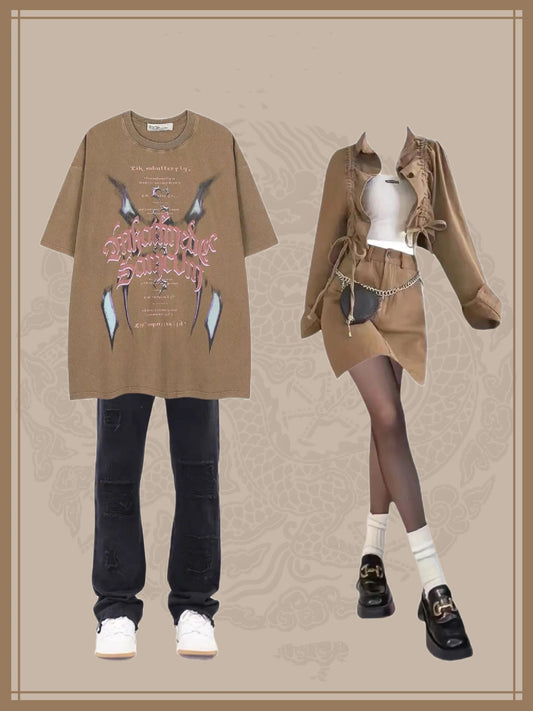 夏欧米レトロハイストリートヒップホップ半袖Tシャツinsトレンドブランドゆったり半袖上着/欧米vibe風ハイストリートジーンズinsトレンドブランドのゆったりストレートパンツ番号ZT340