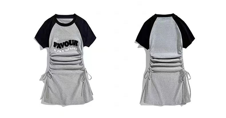 2023夏アメリカンヴィンテージカレッジ風カップルTシャツ/2023夏グレーのコントラストカラーワンピース番号ZT367
