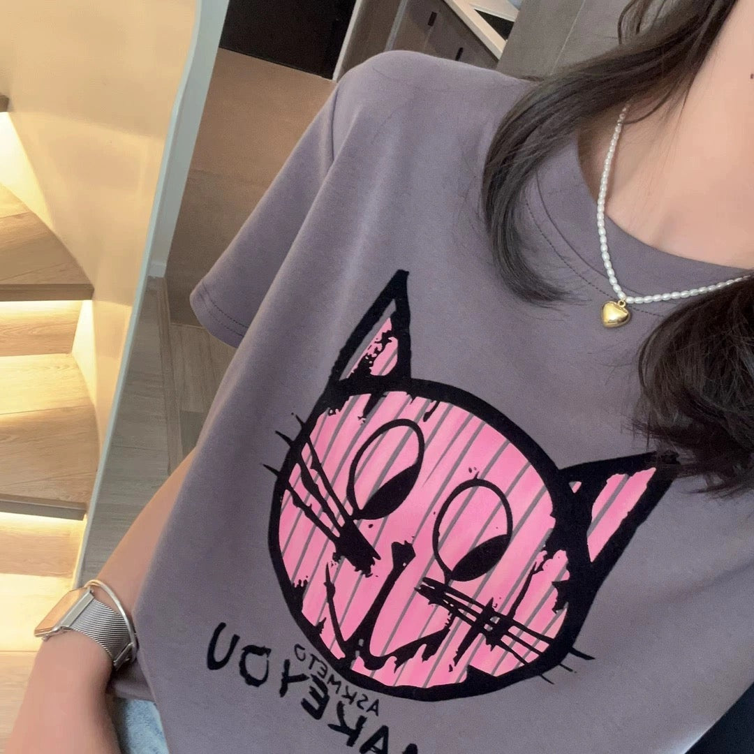 漫画アニメレトロ懐かしいウォッシュプリント半袖Tシャツカップルカジュアルゆったりins半袖シャツ/肩甲半袖Tシャツ女性夏デザイン若いオシャレ年齢を減らすギャルショートタイプ香港風上着番号ZT435