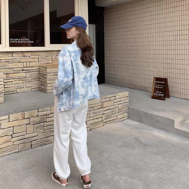 港風デニムジャケット女性春夏秋服2023新作洋風絞り染め上着ゆったりbfヒップホップデニムシャツトレンド/無欲風甘辛妹織布ファー付きキャミソール女性小部屋夏の外着感覚ブルータンクトップショート上着番号ZT553