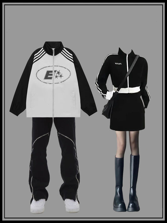 アメリカンストリートbf風ゆったりヴィンテージ野球服トレンドinsジャケットコートカップル春秋oversize/スポーツ風インパクトカラー3本のバーショートタイプパーカーコートスカート秋冬ギャル着痩せ2点セット番号ZT600